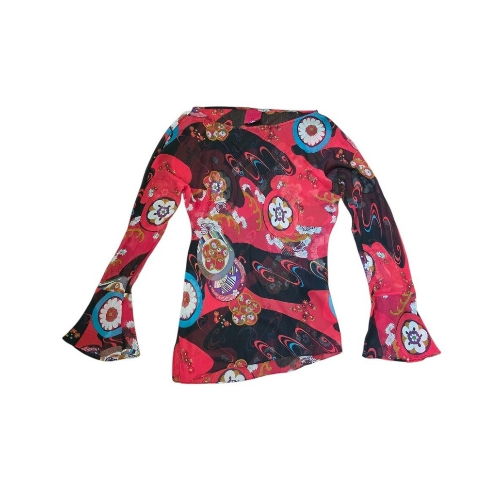 JS Collection Y2K Maximalist Bold Print Silk Asymmetric Flare Sleeves Top sz M-L